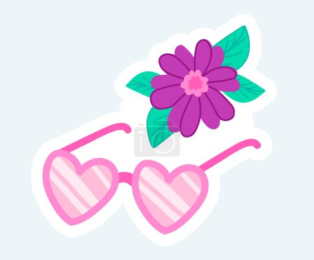 Photo for Pink glasses with heart shaped lenses and flower. Love and romantic. Illustration in cartoon sticker design - Royalty Free Image