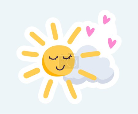 Téléchargez les photos : Lovely sun with cute face and cloud. Spring and summer nature season. Illustration in cartoon sticker design - en image libre de droit