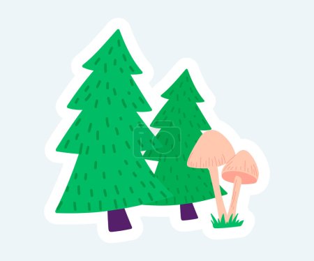 Téléchargez les photos : Spruces and pines trees and mushrooms. Evergreen forest nature. Illustration in cartoon sticker design - en image libre de droit