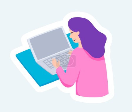 Foto de Happy woman working online using laptop. Stay at home. Illustration in cartoon sticker design - Imagen libre de derechos