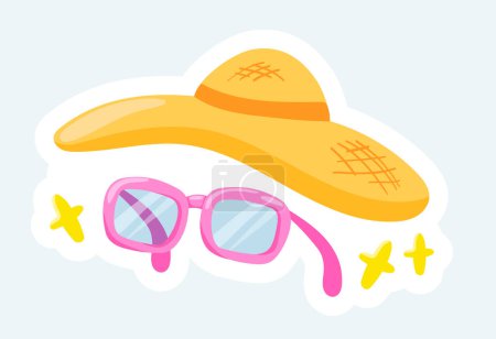 Foto de Straw hat and pink sunglasses for beach. Summer vacation. Illustration in cartoon sticker design - Imagen libre de derechos
