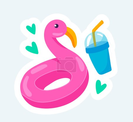 Téléchargez les photos : Pink flamingo inflatable rubber ring and cold drink. Summer vacation. Illustration in cartoon sticker design - en image libre de droit