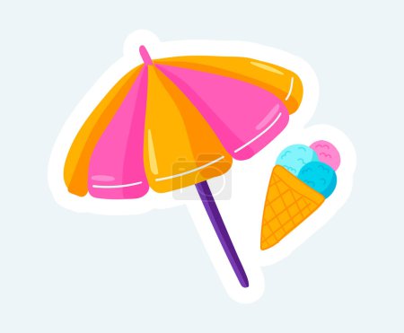 Téléchargez les photos : Ice cream cone and sun umbrella for beach. Summer vacation. Illustration in cartoon sticker design - en image libre de droit