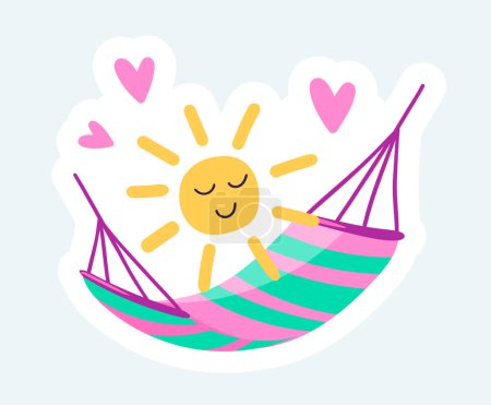 Foto de Striped hammock and cute smiling sun. Summertime rest. Illustration in cartoon sticker design - Imagen libre de derechos