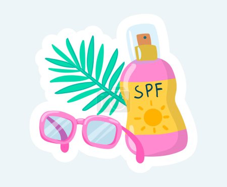 Foto de Sunscreen in pink bottle, sunglasses and palm leaf. Summertime rest. Illustration in cartoon sticker design - Imagen libre de derechos