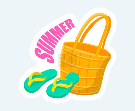 Téléchargez les photos : Wicker bag and flip flops for beach. Summertime rest. Illustration in cartoon sticker design - en image libre de droit