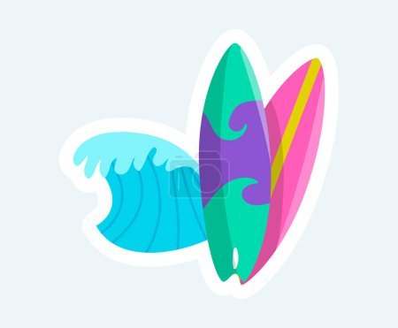 Foto de Colorful surfboards and high wave of ocean. Summertime rest. Illustration in cartoon sticker design - Imagen libre de derechos