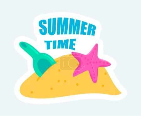 Photo for Child scoop in beach sand and starfish. Summertime rest. Illustration in cartoon sticker design - Royalty Free Image