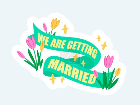 Téléchargez les photos : Wedding text ribbon with tulips flowers decor for celebration. Illustration in cartoon sticker design - en image libre de droit