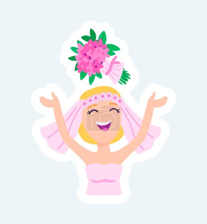 Téléchargez les photos : Happy bride throwing bouquet of flowers at wedding celebration. Illustration in cartoon sticker design - en image libre de droit