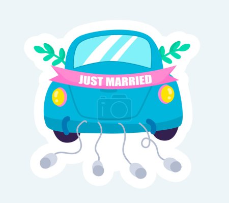 Téléchargez les photos : Just married text ribbon and blue wedding car with decorations. Illustration in cartoon sticker design - en image libre de droit