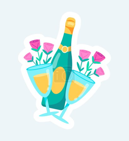 Foto de Champagne in bottle and two glasses and roses for wedding ceremony. Illustration in cartoon sticker design - Imagen libre de derechos
