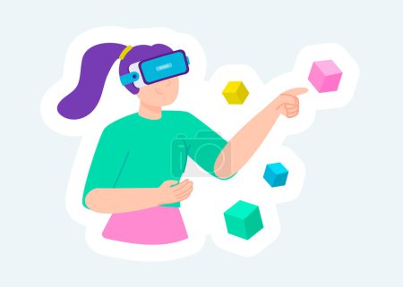 Photo for Woman in VR headset interacts in simulation of metaverse virtual reality. Illustration in cartoon sticker design - Royalty Free Image