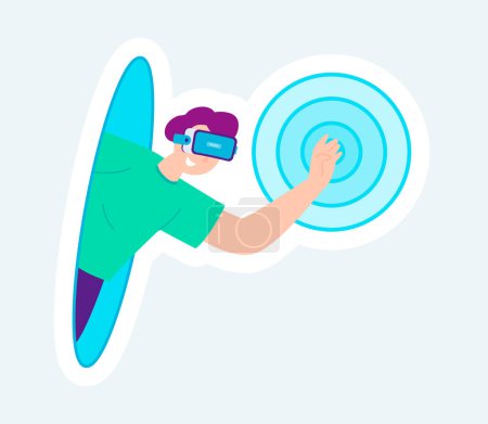 Photo for Man in VR glasses interacts in virtual gaming metaverse. Illustration in cartoon sticker design - Royalty Free Image