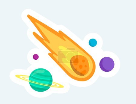 Foto de Planets and flying comet in virtual space hologram of metaverse. Illustration in cartoon sticker design - Imagen libre de derechos
