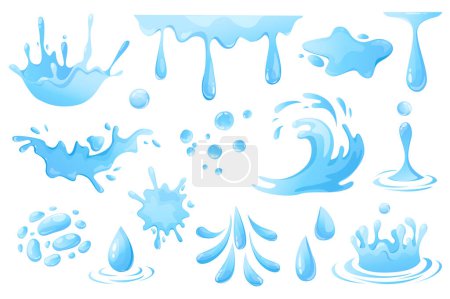 Téléchargez les photos : Water drops and splashes set graphic elements in flat design. Bundle of swirl and curl waves, liquid flow, falling raindrops, flowing and splashing aqua motion. Illustration isolated objects - en image libre de droit