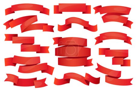 Foto de Red ribbons and badges set graphic elements in flat design. Bundle of empty cartoon swirl and curve celebration banners and price tags with empty message space. Illustration isolated objects - Imagen libre de derechos