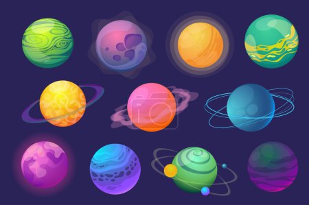 Téléchargez les photos : Fantasy planets set graphic elements in flat design. Bundle of colourful abstract cosmic planets with orbits, holes, satellites and rings for fantastic galaxy. Illustration isolated objects - en image libre de droit
