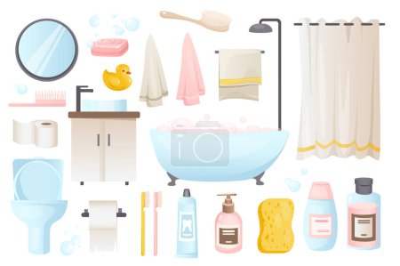 Photo for Bathroom tools set graphic elements in flat design. Bundle of bath, mirror, soap, rubber duck, towel, shower curtain, comb, toilet, paper, sink, shampoo and other. Illustration isolated objects - Royalty Free Image