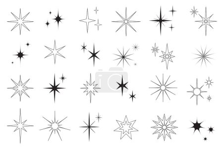 Téléchargez les photos : Line stars set graphic elements in flat design. Bundle of minimalistic linear black symbols of starry night, falling star, firework in sky, Christmas decorations. Illustration isolated objects - en image libre de droit