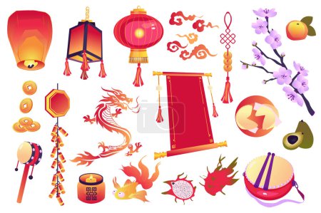 Téléchargez les photos : Chinese culture symbols set graphic elements in flat design. Bundle of red sky lanterns, coins, dragon, candles, dragonfruit, sakura branch, persimmon, and other. Illustration isolated objects - en image libre de droit