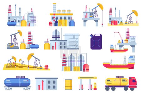 Téléchargez les photos : Oil production plants set graphic elements in flat design. Bundle of processing and production petrol and gas machinery, drilling industrial pumps and refinery. Illustration isolated objects - en image libre de droit