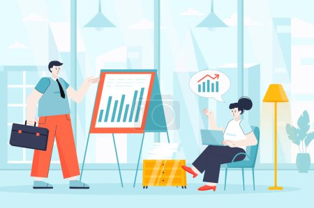 Téléchargez les photos : Business meeting concept in flat design. Employees work in office scene. Colleagues analyze company development statistics at presentation. Illustration of people characters for landing page - en image libre de droit