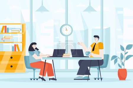 Téléchargez les photos : Coworking space concept in flat design. Employees or freelancers work in office scene. Colleagues communicate at business meeting conference. Illustration of people characters for landing page - en image libre de droit