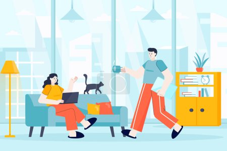 Téléchargez les photos : Freelance working concept in flat design. Freelancers work in home office scene. Couple works remotely in comfort condition of their home. Illustration of people characters for landing page - en image libre de droit