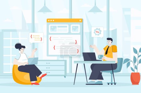 Photo for Programmer working concept in flat design. Colleagues works in office scene. Man and woman coding, create website, app or program interface. Illustration of people characters for landing page - Royalty Free Image