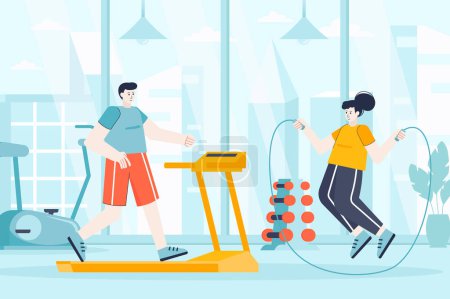 Foto de Fitness gym concept in flat design. Couple exercising in sports club scene. Man running on treadmill, woman jumping rope. Workout training. Illustration of people characters for landing page - Imagen libre de derechos