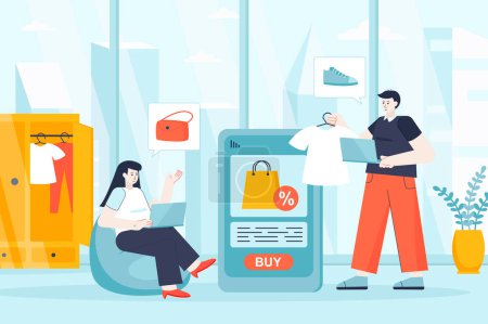 Foto de Online shopping concept in flat design. Couple buying clothes on store website scene. Man and woman choose new outfits, pay at mobile app. Illustration of people characters for landing page - Imagen libre de derechos