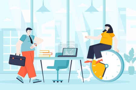 Photo for Time management concept in flat design. Colleagues work in office scene. Organization, success teamwork, doing tasks, planning and deadlines. Illustration of people characters for landing page - Royalty Free Image