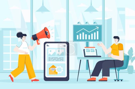 Foto de Outbound marketing concept in flat design. Colleagues work in office scene. Advertising, business promotion, communication with customers. Illustration of people characters for landing page - Imagen libre de derechos