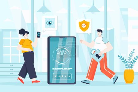 Foto de Biometric access control concept in flat design. Security service working scene. Man and woman use fingerprint scanner, access to device. Illustration of people characters for landing page - Imagen libre de derechos