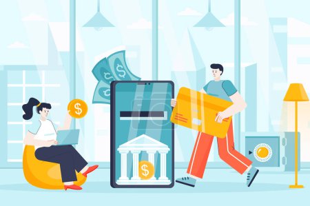 Foto de Mobile banking concept in flat design. Mobile application for bank transactions scene. Man and woman pay online, make deposits, accounting. Illustration of people characters for landing page - Imagen libre de derechos