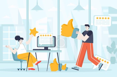 Foto de Best feedback concept in flat design. Employees get good reviews from satisfaction customers scene. Man and woman hold stars, like signs. Illustration of people characters for landing page - Imagen libre de derechos