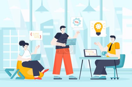 Foto de Developers team concept in flat design. Teamwork at office scene. Man and woman coding, programming, brainstorming, working project together. Illustration of people characters for landing page - Imagen libre de derechos