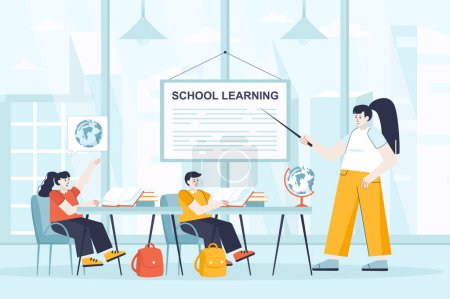 Photo for School learning concept in flat design. Pupils in lesson at classroom scene. Boy and girl studying world geography, listening to teacher. Illustration of people characters for landing page - Royalty Free Image
