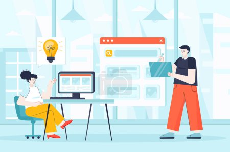 Foto de Designers concept in flat design. Employees working at office scene. Man and woman creating new product, development interface or program. Illustration of people characters for landing page - Imagen libre de derechos