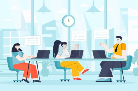 Téléchargez les photos : Focus group concept in flat design. Man and women communicate in office scene. Marketing team discuss company strategy, brainstorms, talking. Illustration of people characters for landing page - en image libre de droit