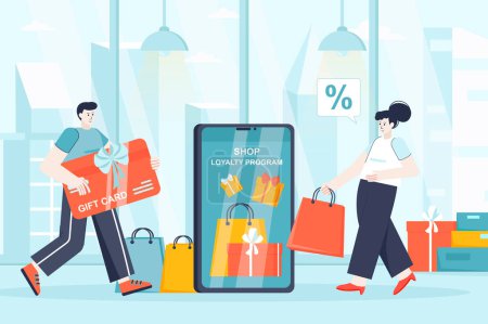 Téléchargez les photos : Shop loyalty program concept in flat design. Attraction of new clients scene. Man and woman shopping, receiving prizes from store, gift cards. Illustration of people characters for landing page - en image libre de droit