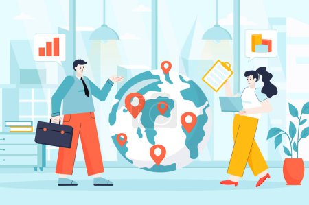 Téléchargez les photos : Global business concept in flat design. Employees of international company in office scene. Man and woman by huge world globe with marks. Illustration of people characters for landing page - en image libre de droit