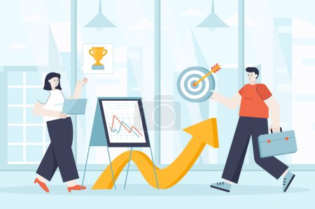 Career opportunities concept in flat design. Professional growth and development scene. Man and woman develop at work, targeting, motivation. Illustration of people characters for landing page
