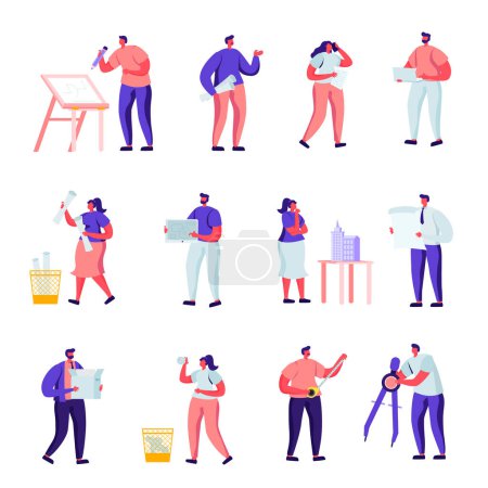 Photo for Set of Flat Building, Design and Engineering Workers Characters. Cartoon People Architects, Graphic Designers and Engineers Working on Projects, Painting on Blueprints. Illustration. - Royalty Free Image