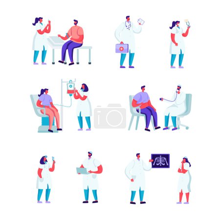 Téléchargez les photos : Set of Flat Blood Donation in a Medical Institution Characters. Cartoon People Woman at Doctor Appointment. Medical Check Up, Ultrasound, Volunteers Donating Blood. Illustration. - en image libre de droit