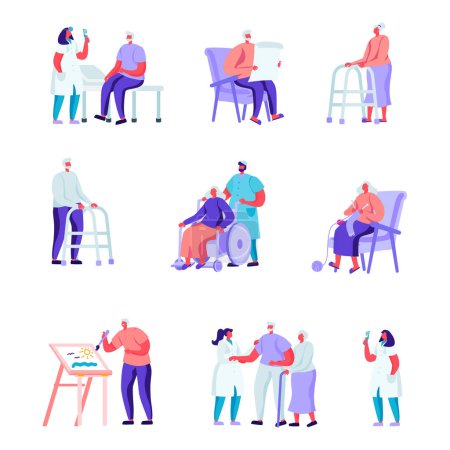 Téléchargez les photos : Set of Flat Older People in a Nursing Home Having Medical Aid Characters. Cartoon People Having Hobby Care of Plants, Painting, Playing Chess, Knitting. Illustration. - en image libre de droit