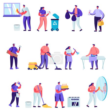 Téléchargez les photos : Set of Flat Household Activities, Husband for an Hour Set Characters. Cartoon Male Characters in Uniform Working with Instruments Fixing Broken Technics at Home. Illustration. - en image libre de droit