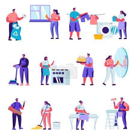 Set of Flat Householders Characters Cleaning Home Characters. Cartoon People Everyday Routine, Specialists Fixing Technics Service. Illustration.