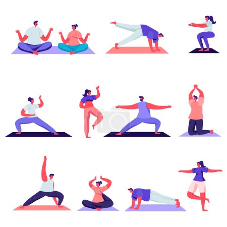 Téléchargez les photos : Set of Flat Male and Female Sport Activities Characters. Cartoon People Doing Sports, Yoga Exercise, Fitness, Workout in Different Poses, Stretching. Illustration. - en image libre de droit